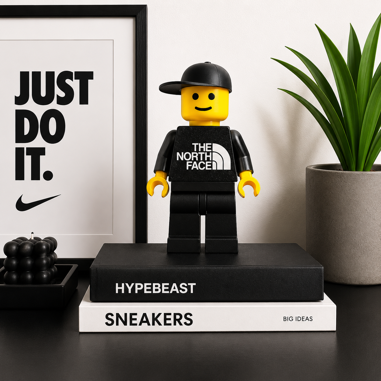 LEGO figure wearing a North Face shirt on a black platform with 'HYPEBEAST' branding, next to a plant and framed poster.