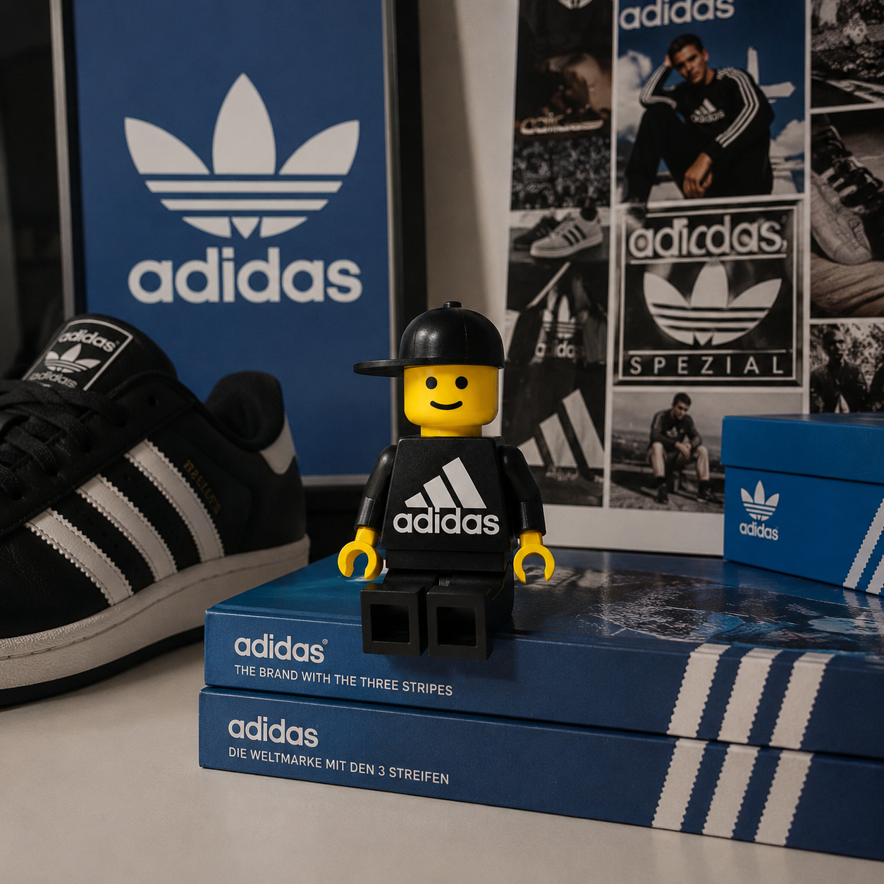 Adidas-themed LEGO figure on branded boxes with Adidas shoes and posters in the background.
