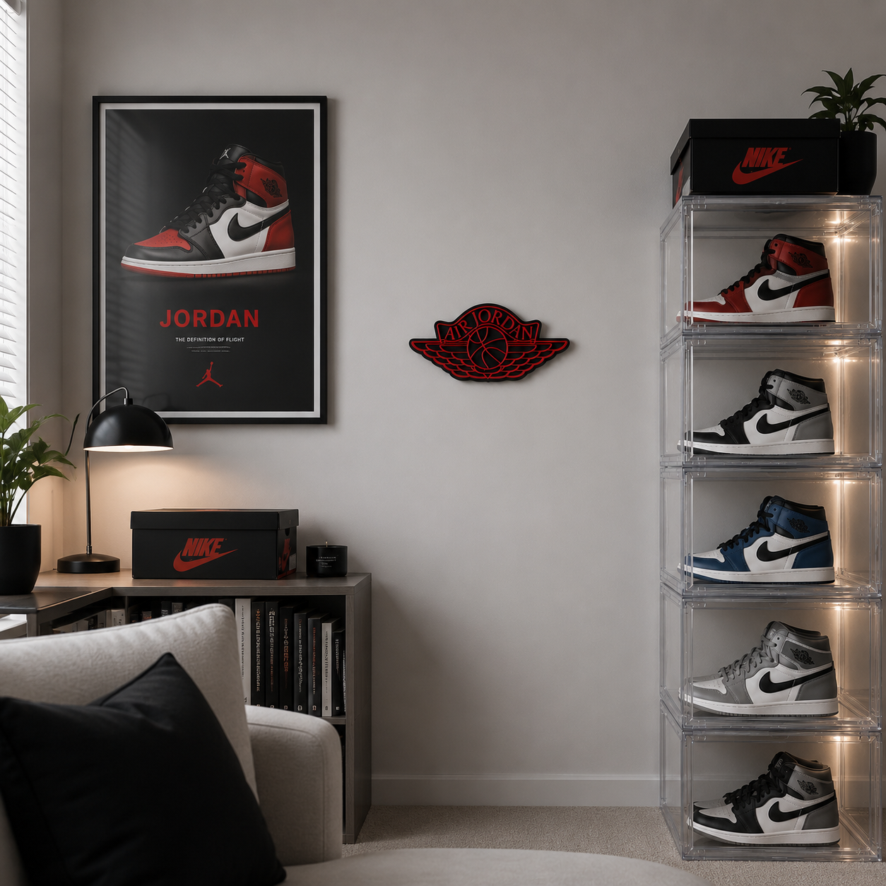 Room interior with sneaker collection on a clear shelf, Jordan poster, and Nike boxes.