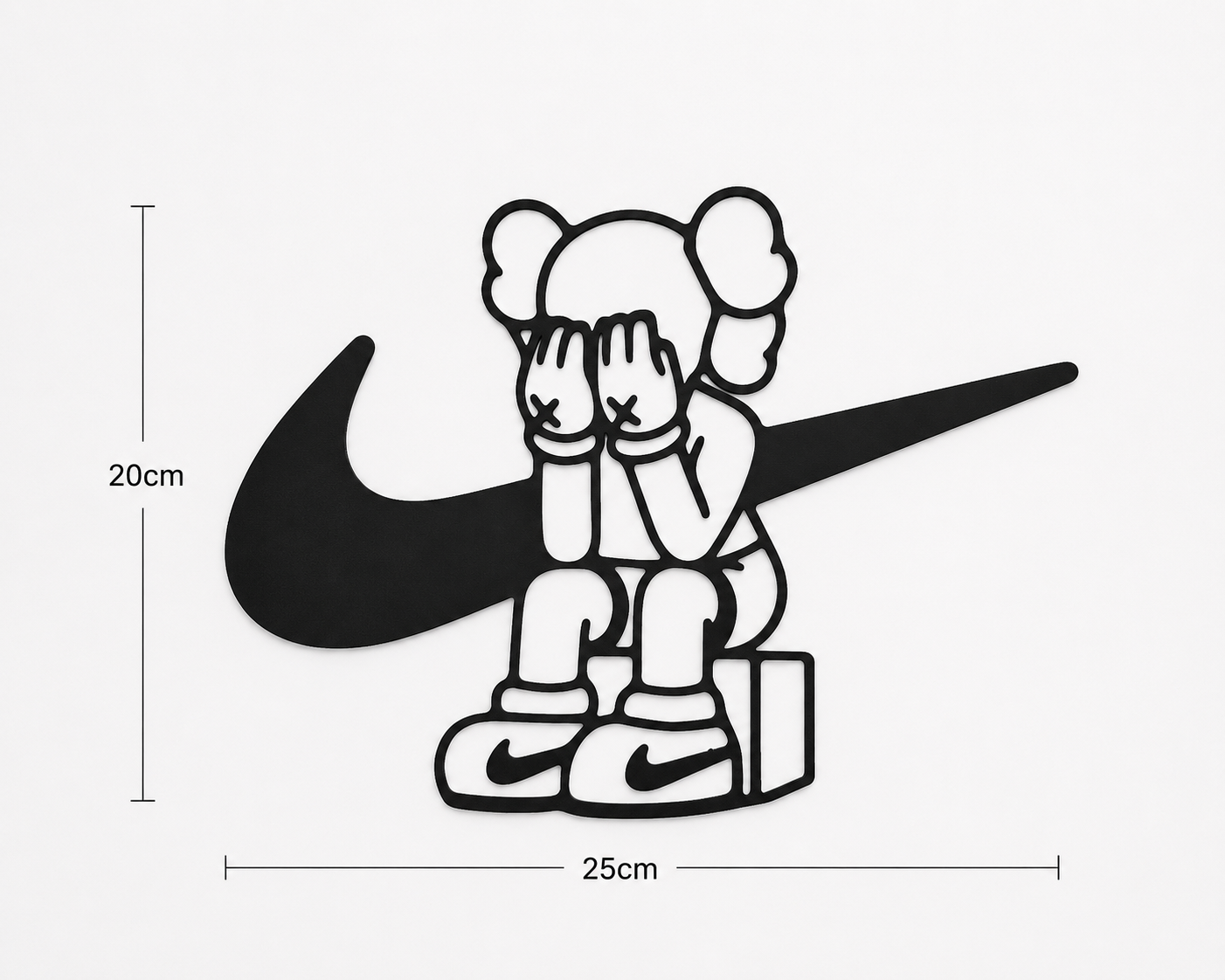 Illustration of a character sitting on a Nike logo with dimensions indicated.