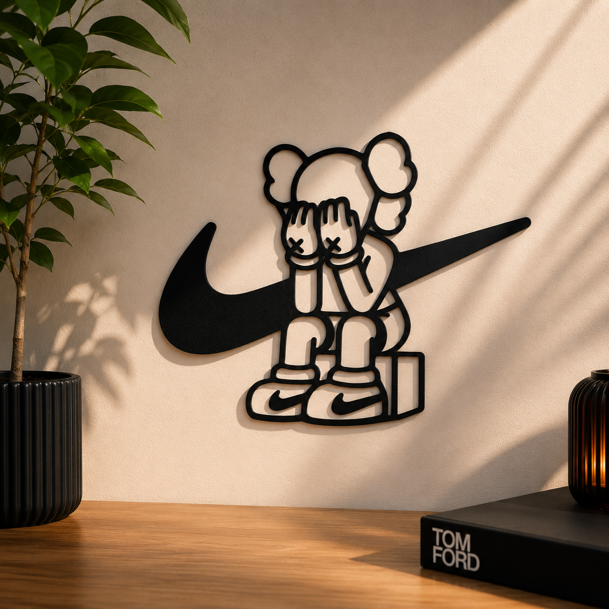 Decorative wall art with a bear and swoosh design on a beige wall.