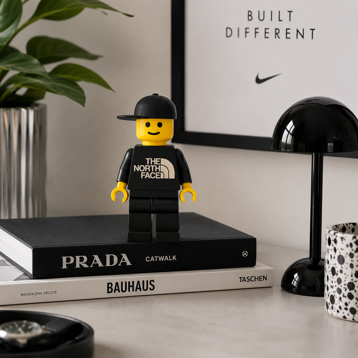 LEGO figure wearing a North Face shirt on top of books with a plant and lamp in the background.