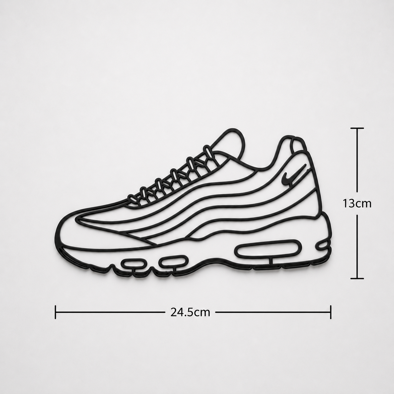 Black line drawing of a sneaker with measurements on a light gray background
