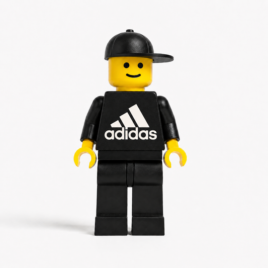 LEGO minifigure wearing a black Adidas shirt on a white background