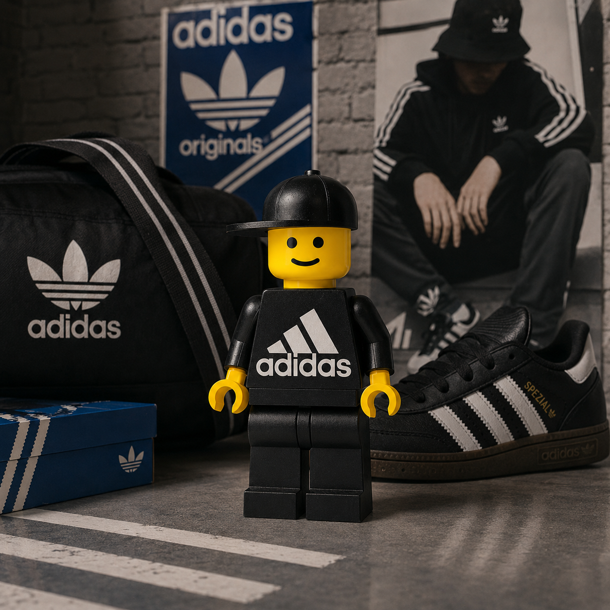 Toy figure wearing an Adidas shirt with real Adidas products in the background.