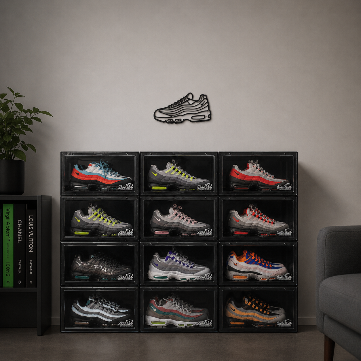 Collection of sneaker boxes on a shelf with a wall-mounted sneaker decoration in a room.
