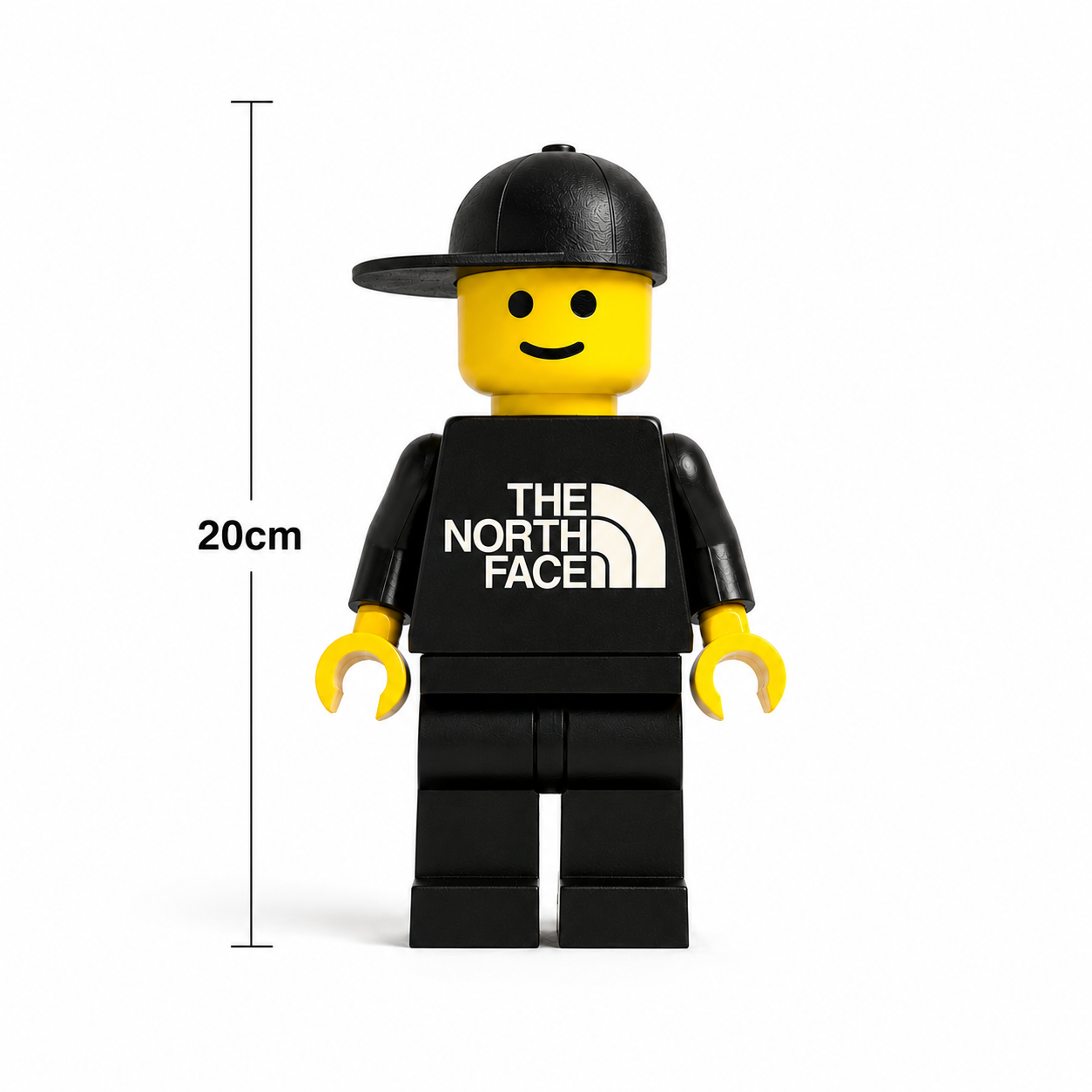 LEGO minifigure wearing a The North Face shirt with a measurement label on a white background
